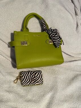 Steve Madden Lime Green Pebbled Leather Satchel with Zebra Scarf